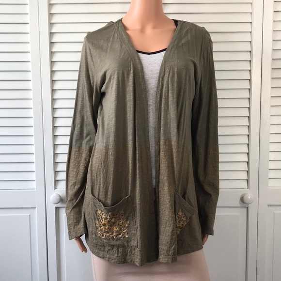 Price firm LOGO By Lori Goldstein Green Gold Open Front Cardigan Size Medium - Picture 1 of 8